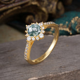 Round Cut Vintage Cluster Moss Agate Gemstone Ring Flower Engagement Ring